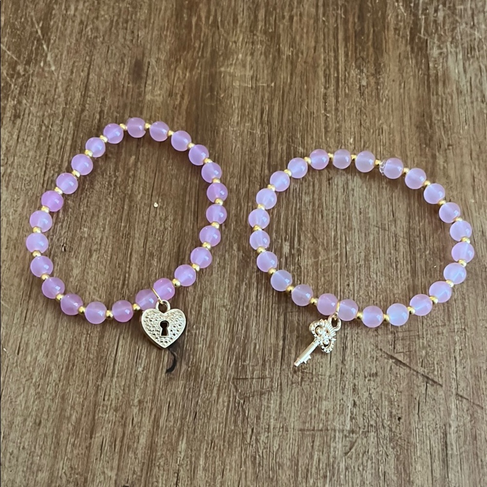 Pink Beaded Bracelet Set with Heart and Key Charms